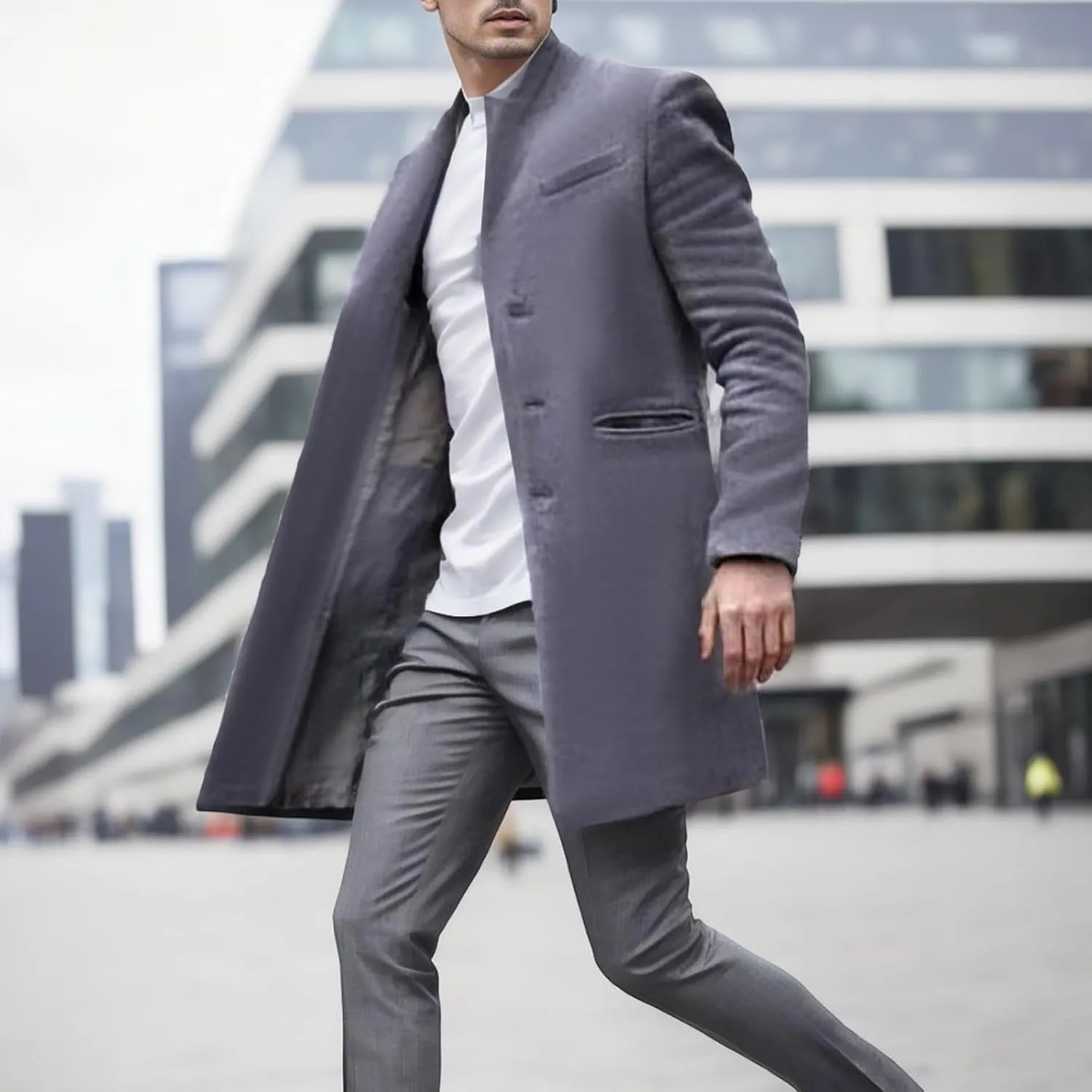 2023 Men's Casual Trench Coat Slim Fit Notched Collar Long Suit Jacket Overcoat Single Breasted Pea Coat Blazers wih Pockets