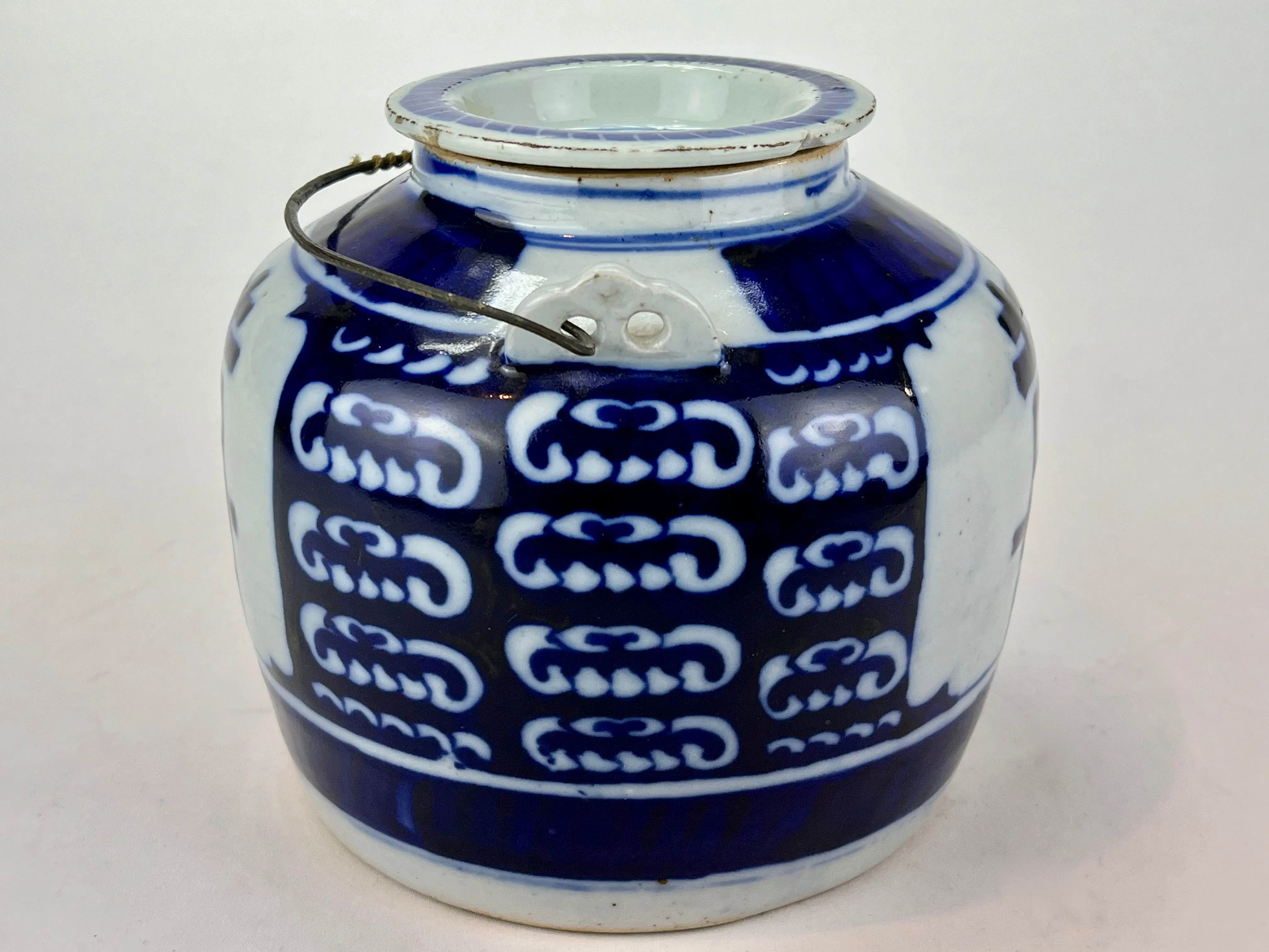 Antique Chinese c1920 Double Happiness Tea Pot Cobalt Blue & White Hand Painted 7"
