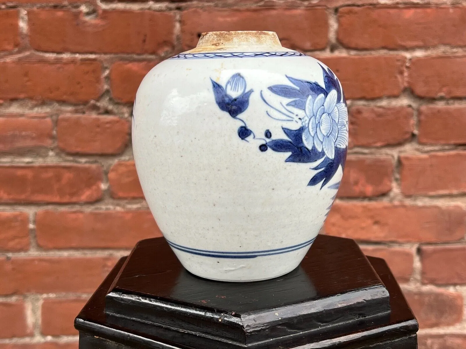 Antique Chinese Qing 200 Year Old Blue & White Jar Hand Painted Peony 5.5"H