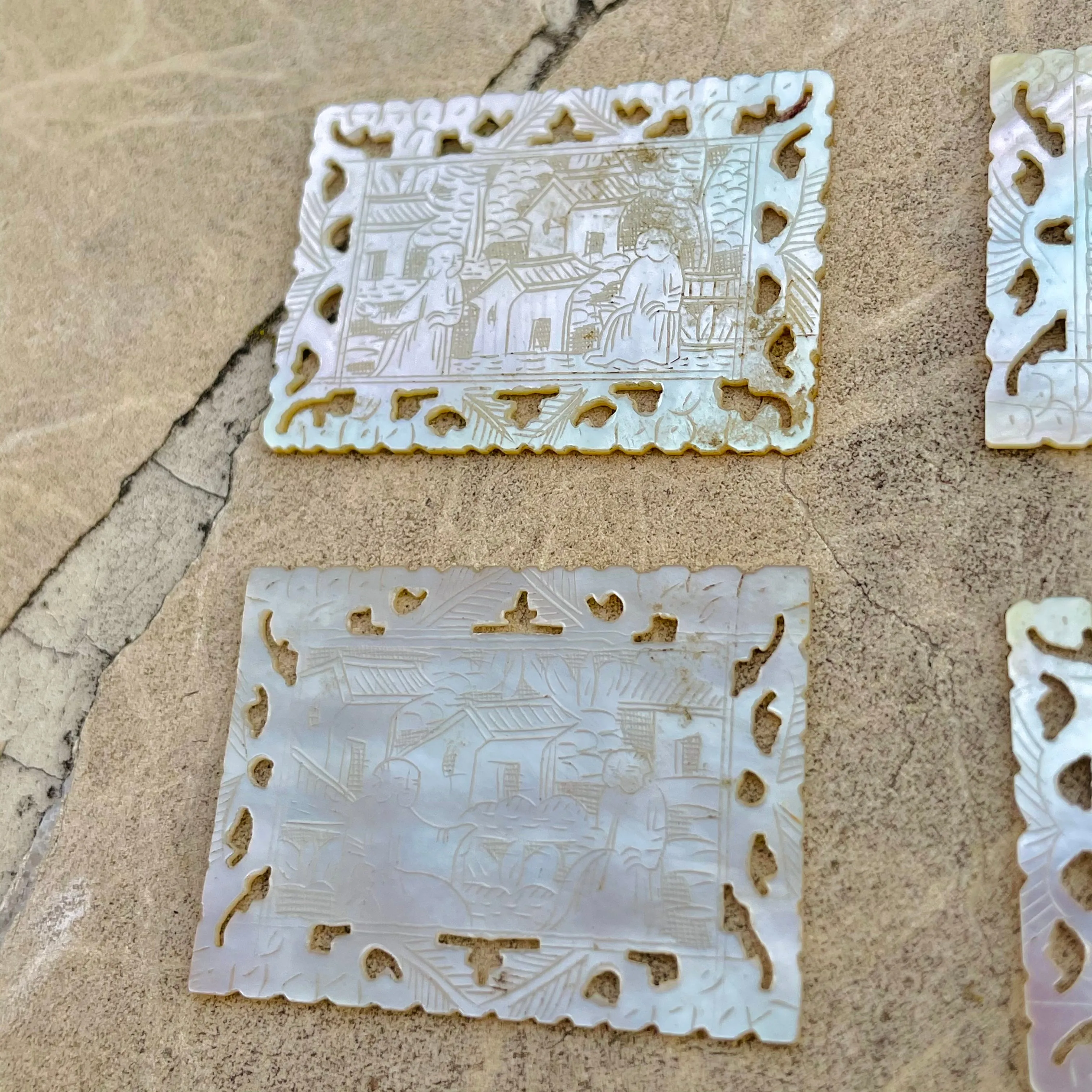 Antique Ornate Carved Mother of Pearl Engraved Art Chinese Casino Chips Set of 5