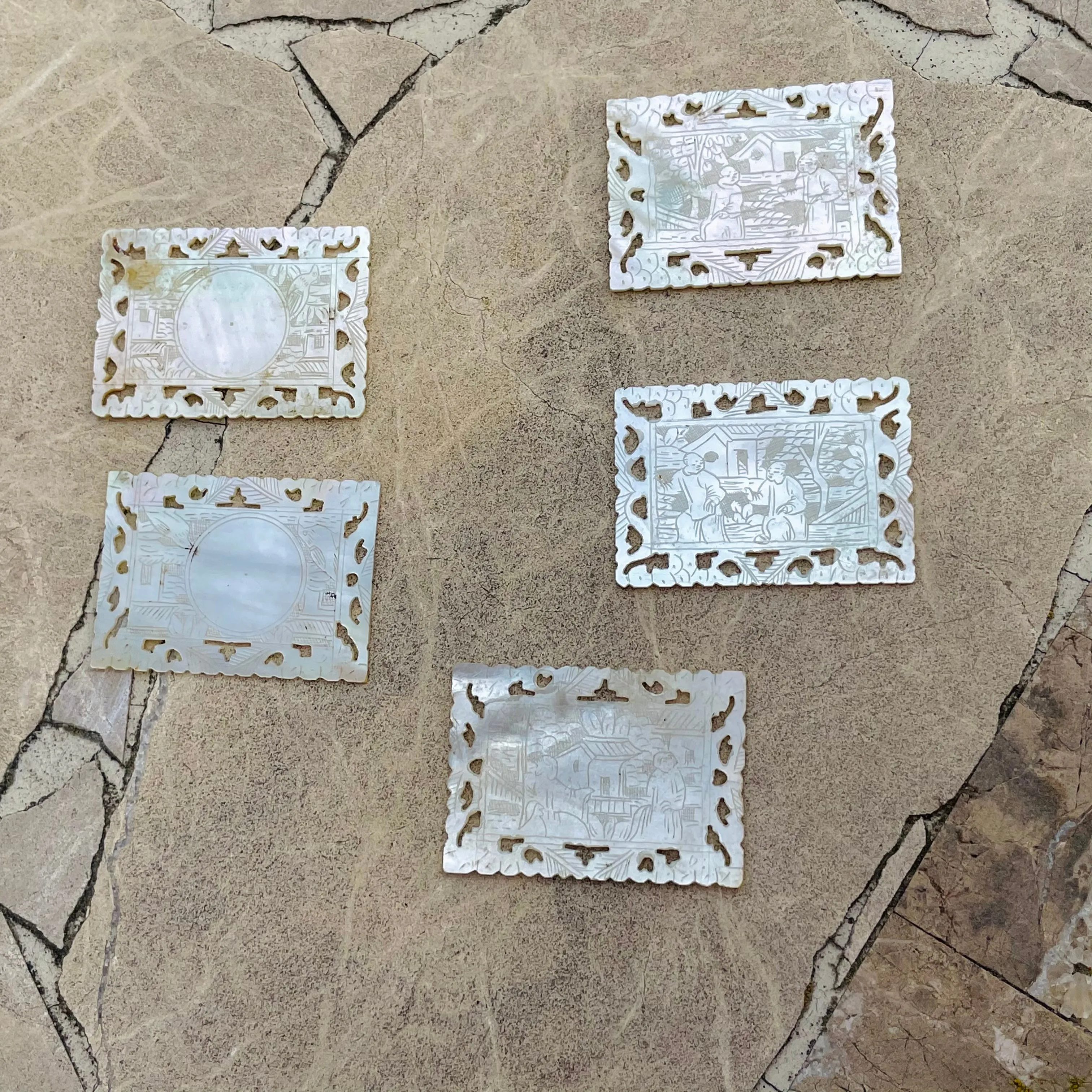 Antique Ornate Carved Mother of Pearl Engraved Art Chinese Casino Chips Set of 5