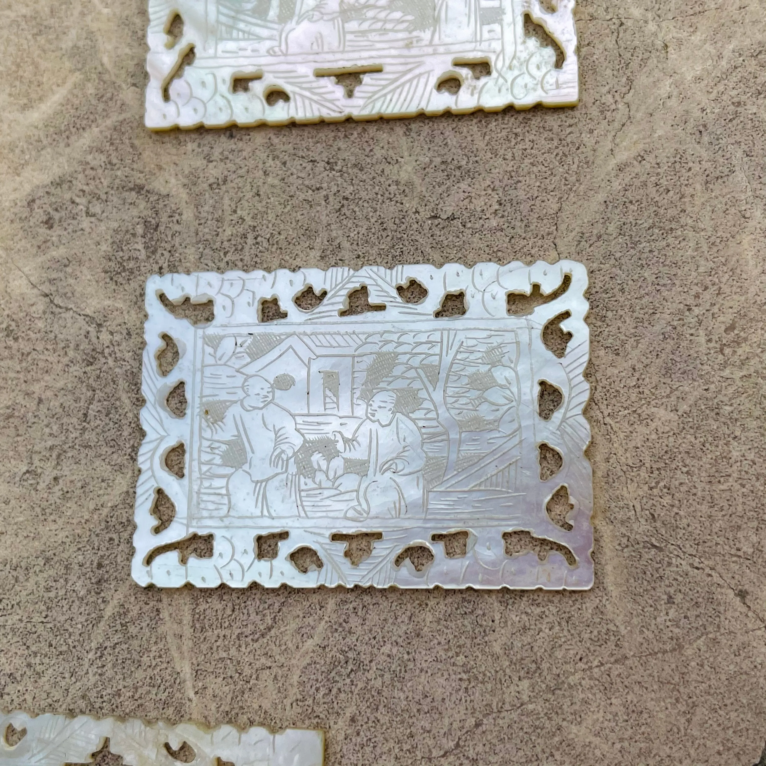 Antique Ornate Carved Mother of Pearl Engraved Art Chinese Casino Chips Set of 5
