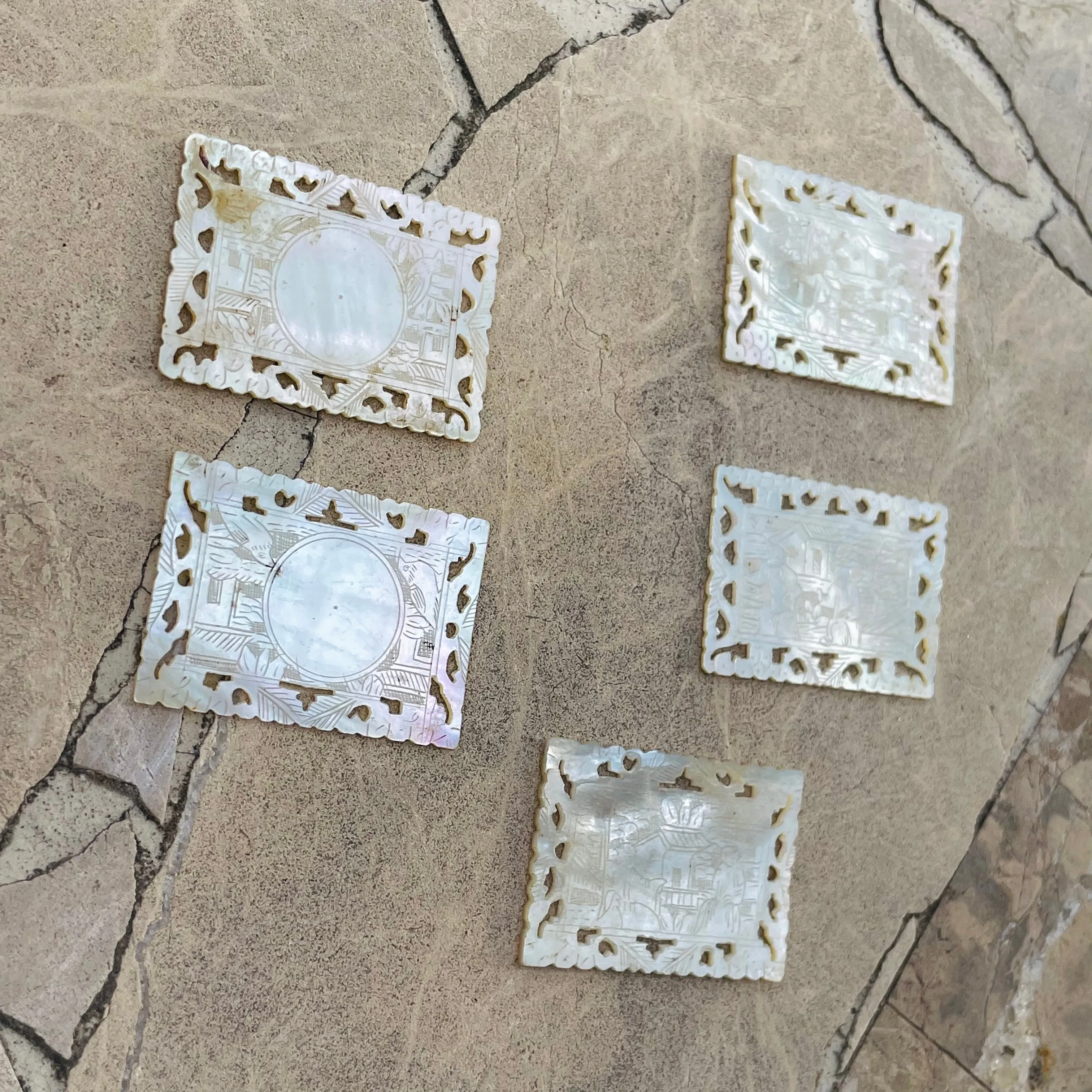 Antique Ornate Carved Mother of Pearl Engraved Art Chinese Casino Chips Set of 5
