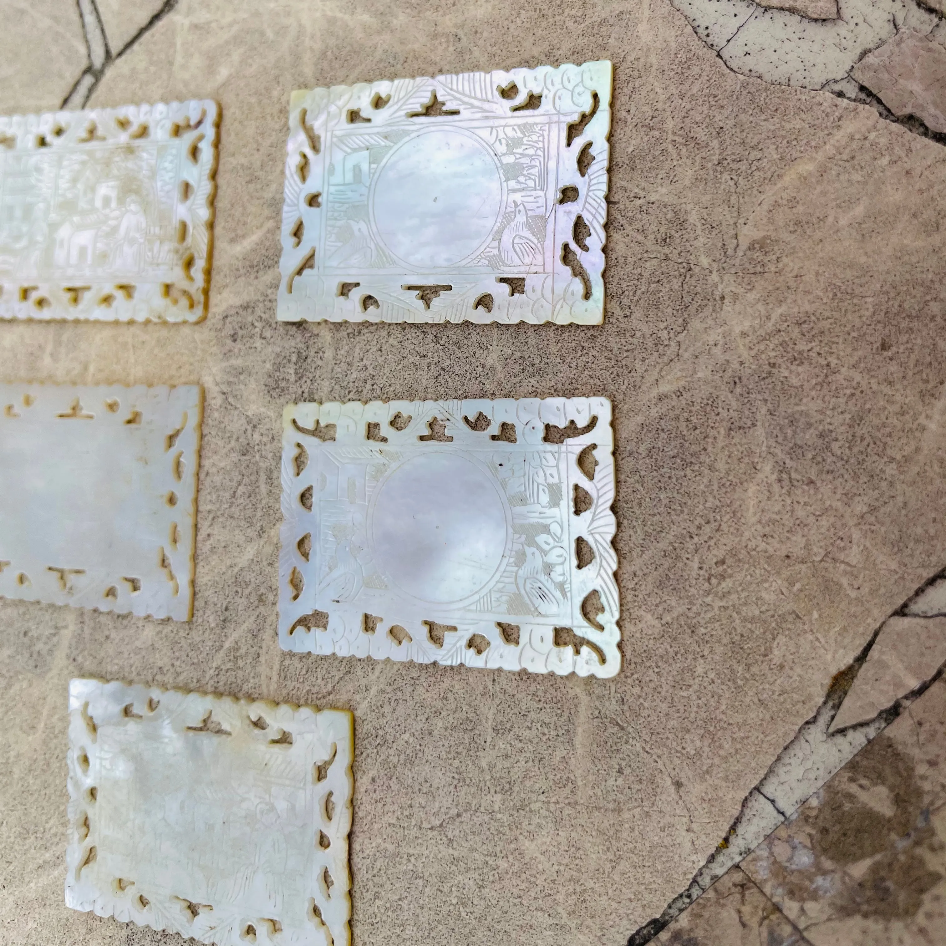 Antique Ornate Carved Mother of Pearl Engraved Art Chinese Casino Chips Set of 5