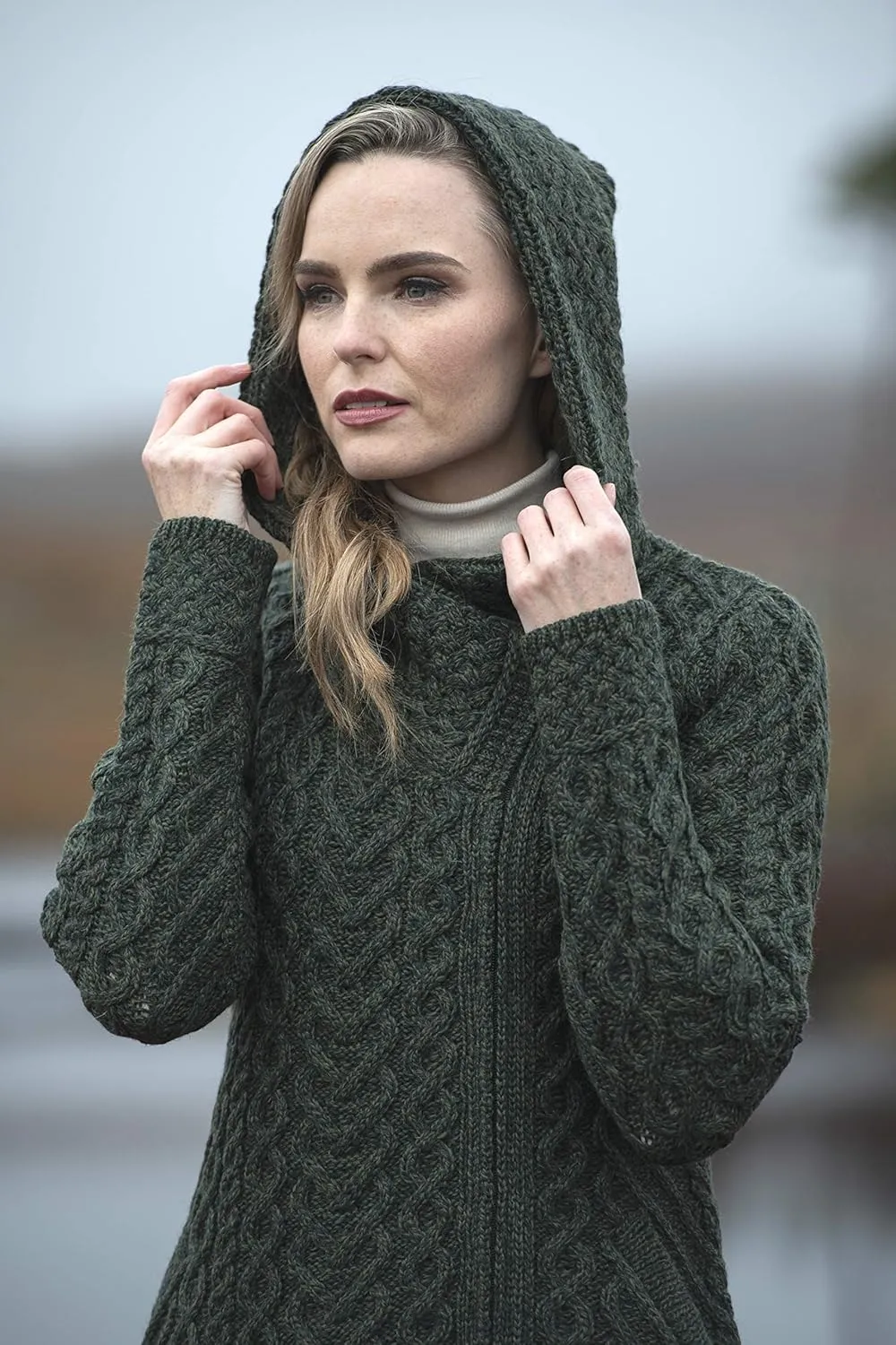 Aran Crafts Women's Cable Knit Long Hooded Side Zip Coat (100% Merino Wool)