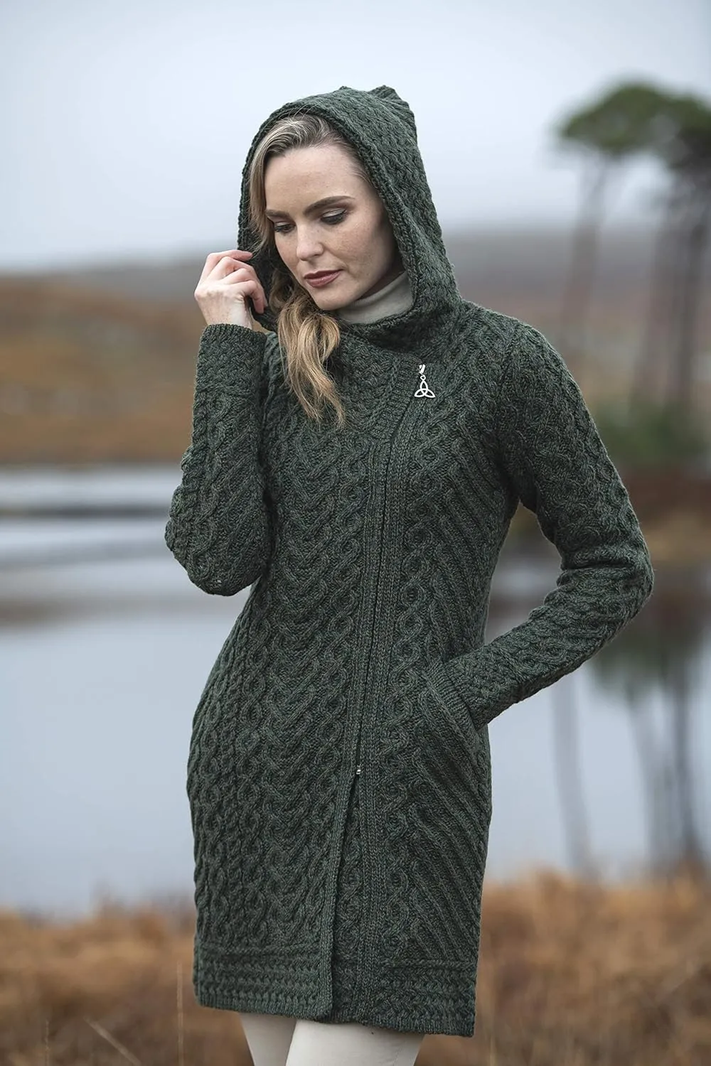 Aran Crafts Women's Cable Knit Long Hooded Side Zip Coat (100% Merino Wool)