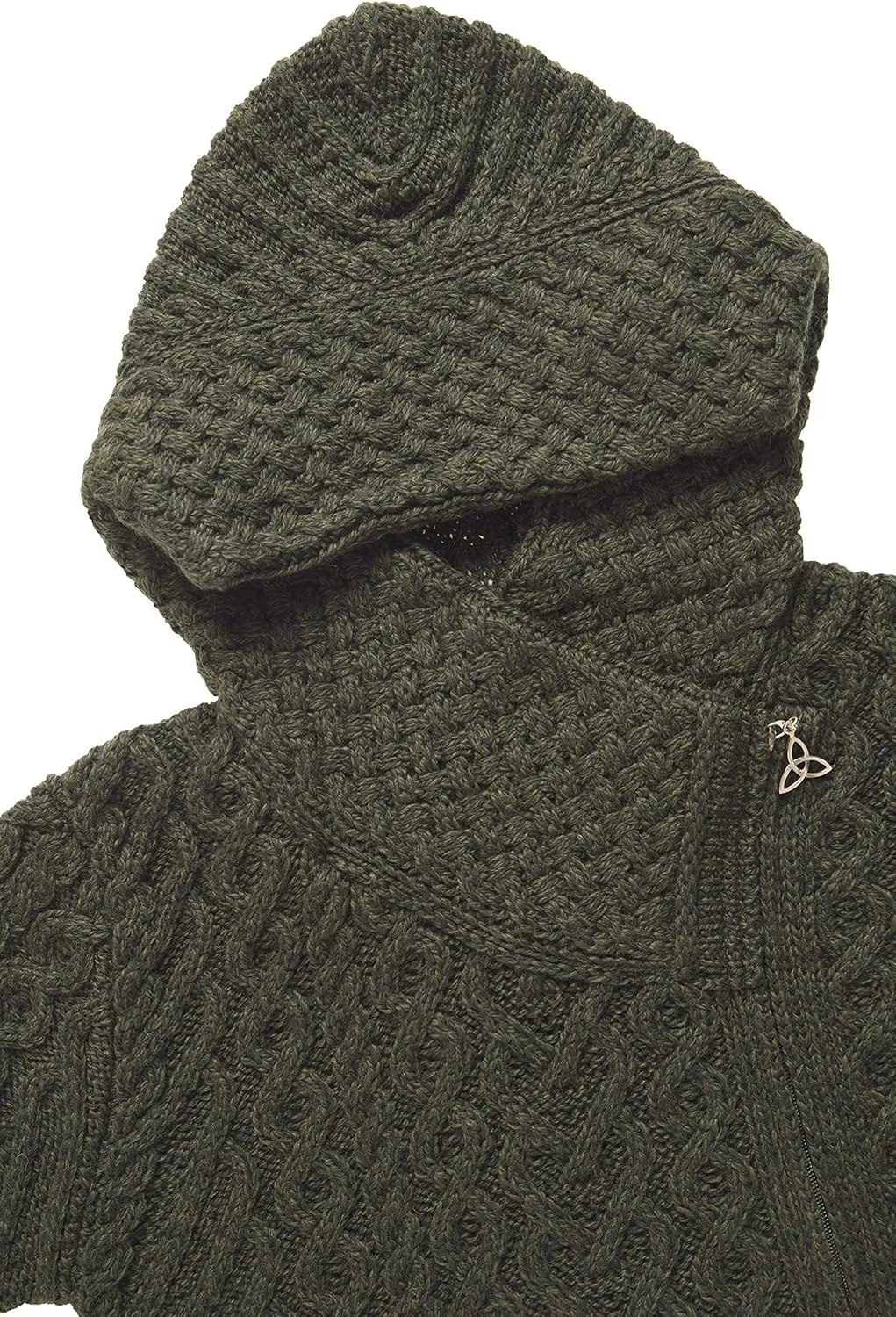 Aran Crafts Women's Cable Knit Long Hooded Side Zip Coat (100% Merino Wool)