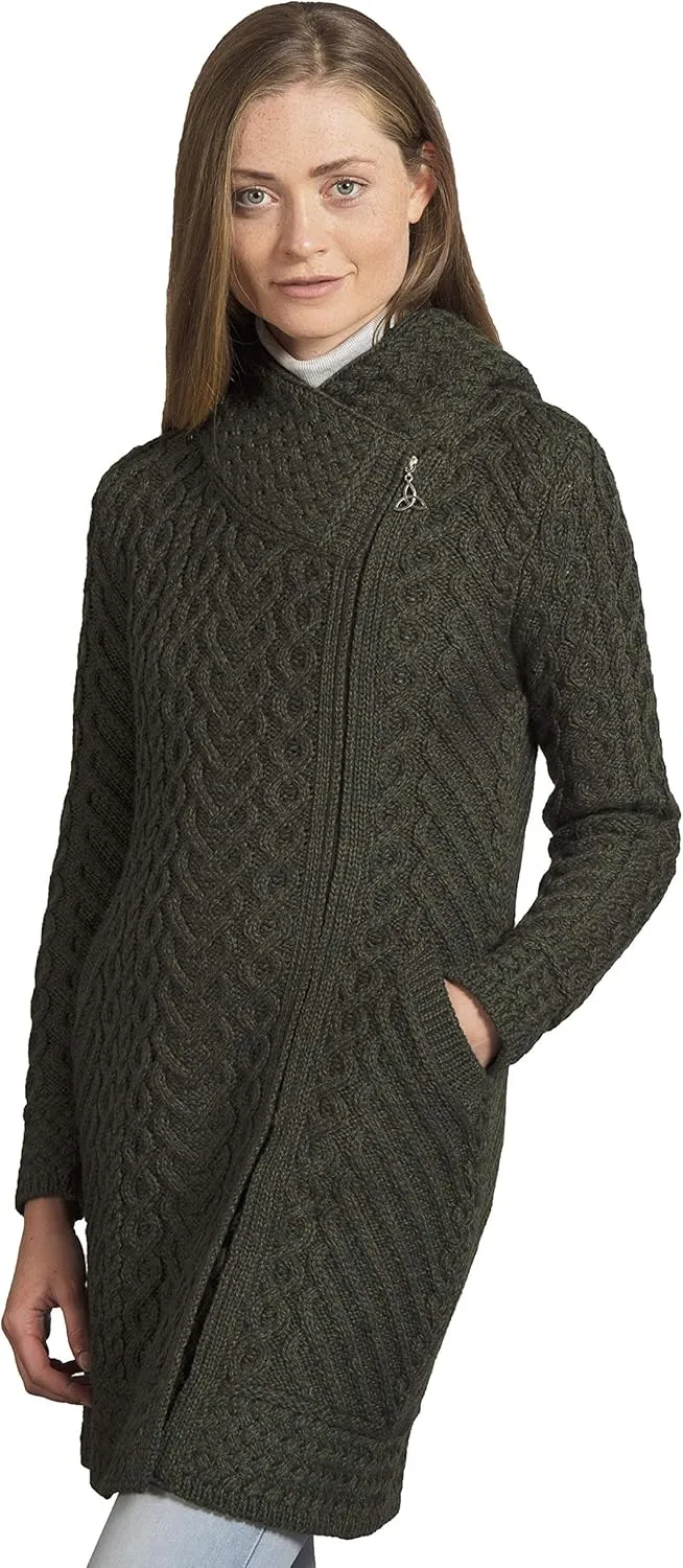 Aran Crafts Women's Cable Knit Long Hooded Side Zip Coat (100% Merino Wool)