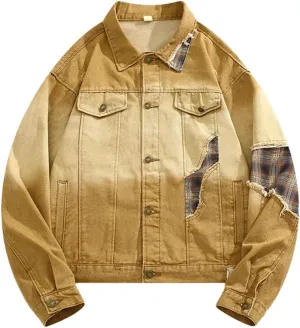 Bciopll Men's Distressed Gradient Stitching Denim Jackets Casual Workwear Ripped Cowboy Coats