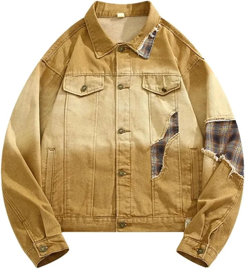 Bciopll Men's Distressed Gradient Stitching Denim Jackets Casual Workwear Ripped Cowboy Coats