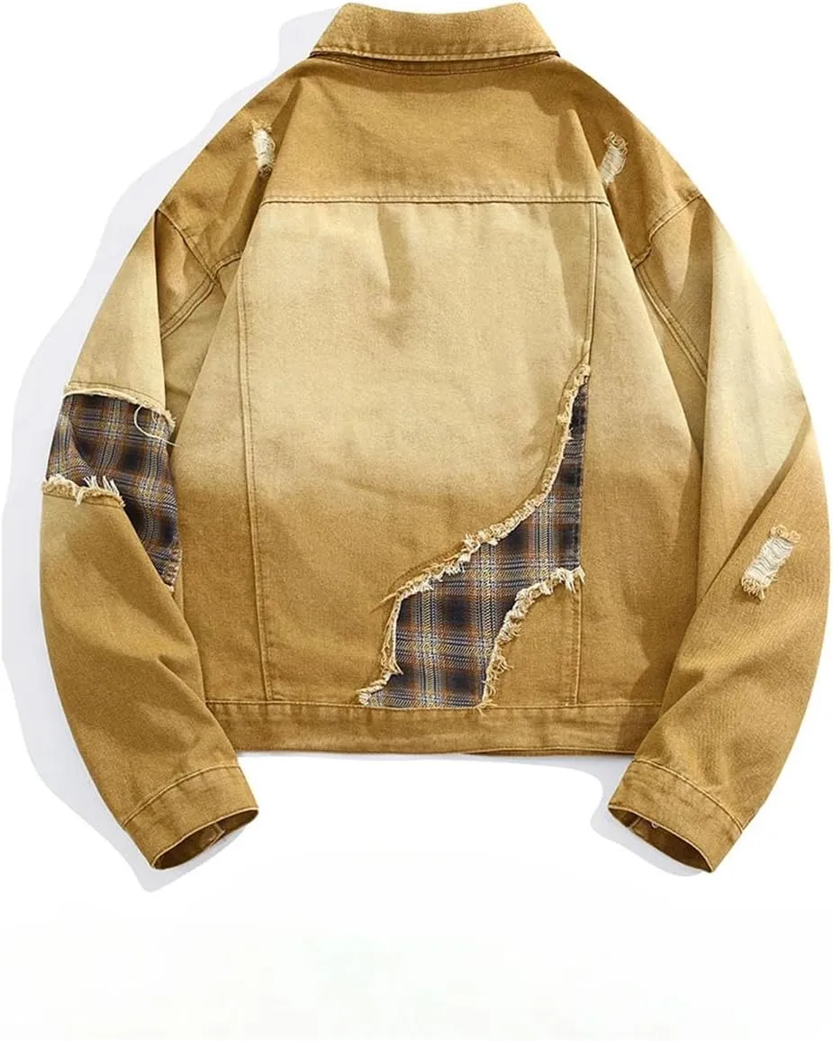 Bciopll Men's Distressed Gradient Stitching Denim Jackets Casual Workwear Ripped Cowboy Coats