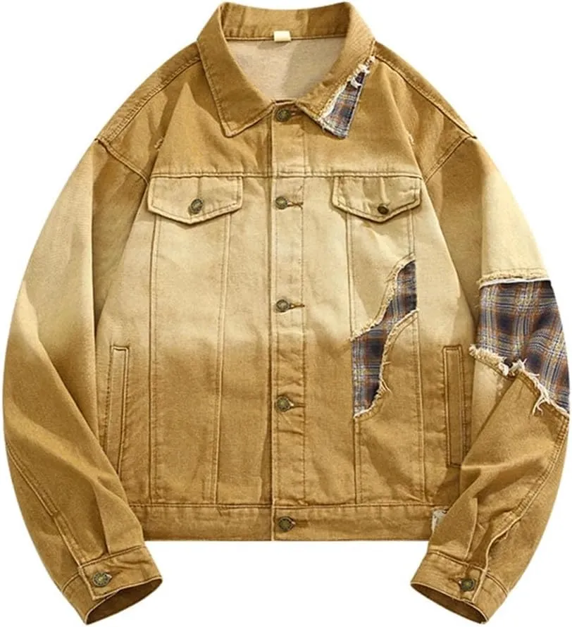 Bciopll Men's Distressed Gradient Stitching Denim Jackets Casual Workwear Ripped Cowboy Coats