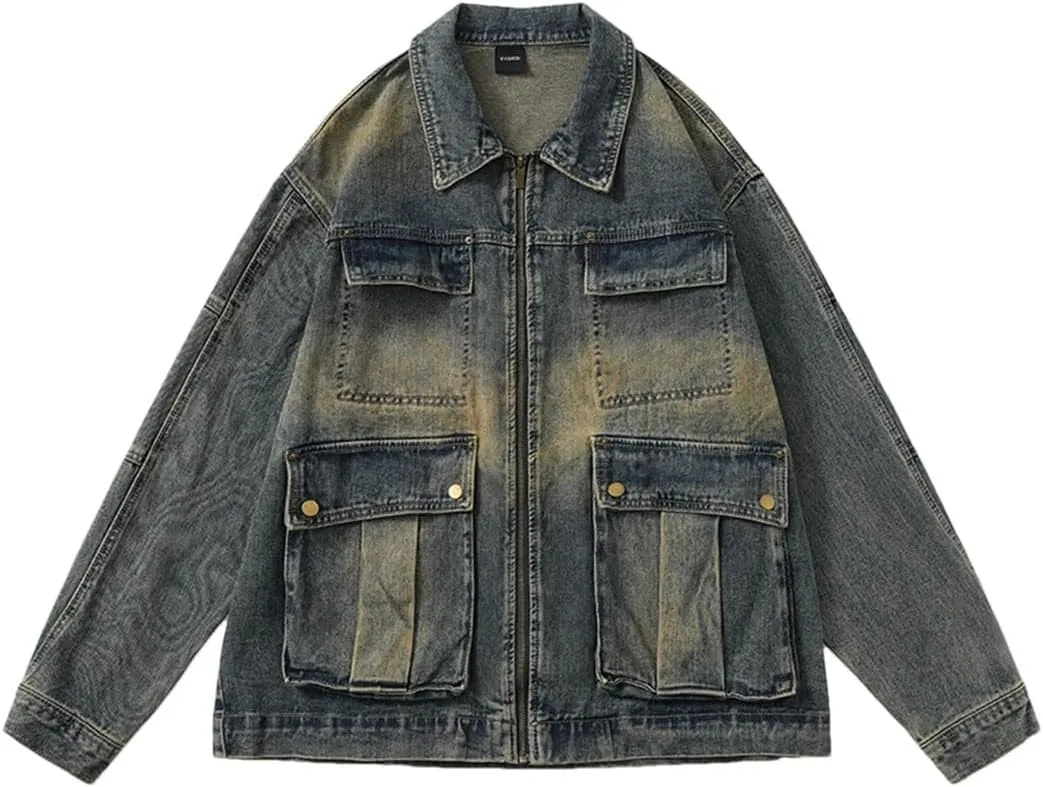 Bciopll Men's Washed Distressed Zipper Denim Jackets Street Gradient Hip Hop Loose Casual Cowboy Coats