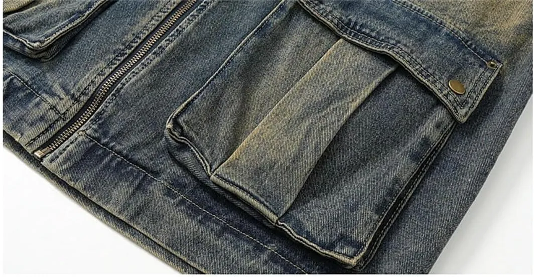 Bciopll Men's Washed Distressed Zipper Denim Jackets Street Gradient Hip Hop Loose Casual Cowboy Coats