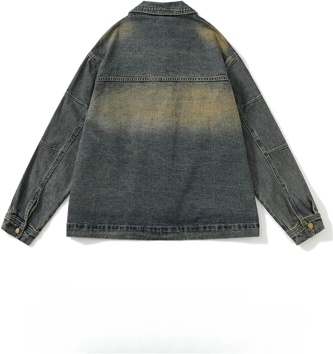 Bciopll Men's Washed Distressed Zipper Denim Jackets Street Gradient Hip Hop Loose Casual Cowboy Coats