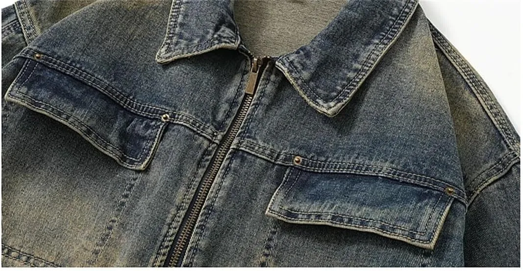 Bciopll Men's Washed Distressed Zipper Denim Jackets Street Gradient Hip Hop Loose Casual Cowboy Coats