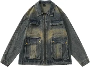 Bciopll Men's Washed Distressed Zipper Denim Jackets Street Gradient Hip Hop Loose Casual Cowboy Coats