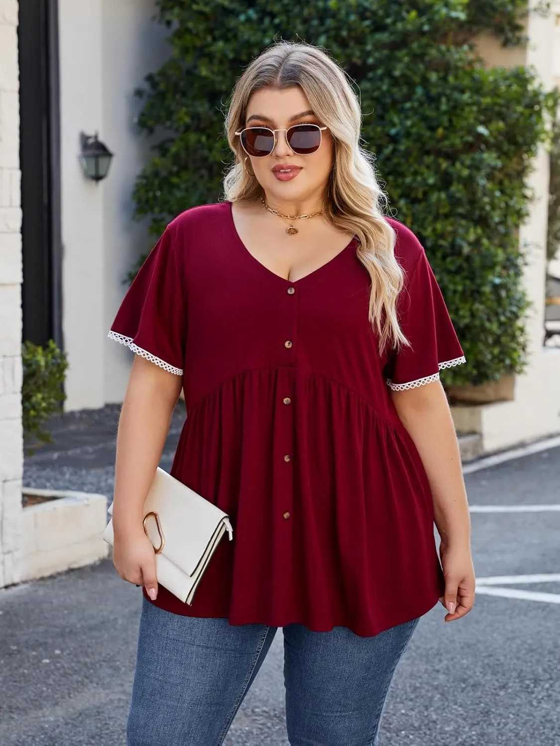 Beauhuty Women's Plus Size Shirts V Neck Button Front Tops Lace Ruffle Short Sleeve Blouse Casual Flowy Pleated Tunic Summer