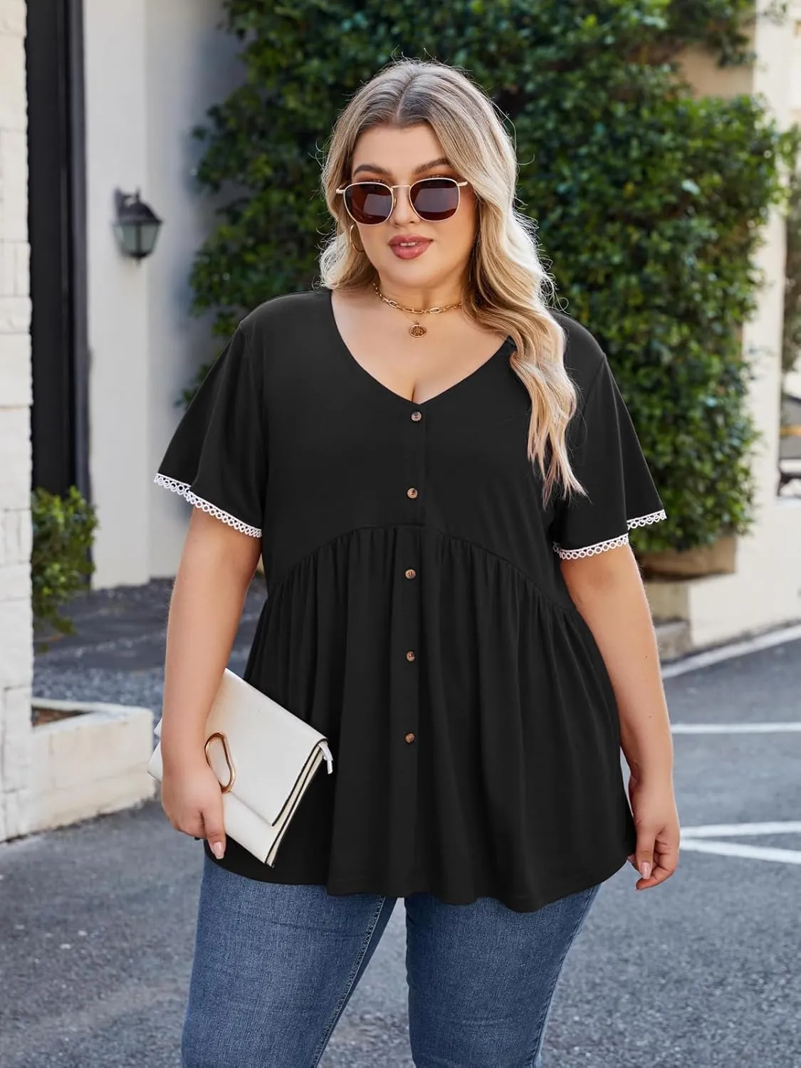 Beauhuty Women's Plus Size Shirts V Neck Button Front Tops Lace Ruffle Short Sleeve Blouse Casual Flowy Pleated Tunic Summer