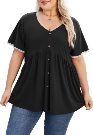 Beauhuty Women's Plus Size Shirts V Neck Button Front Tops Lace Ruffle Short Sleeve Blouse Casual Flowy Pleated Tunic Summer