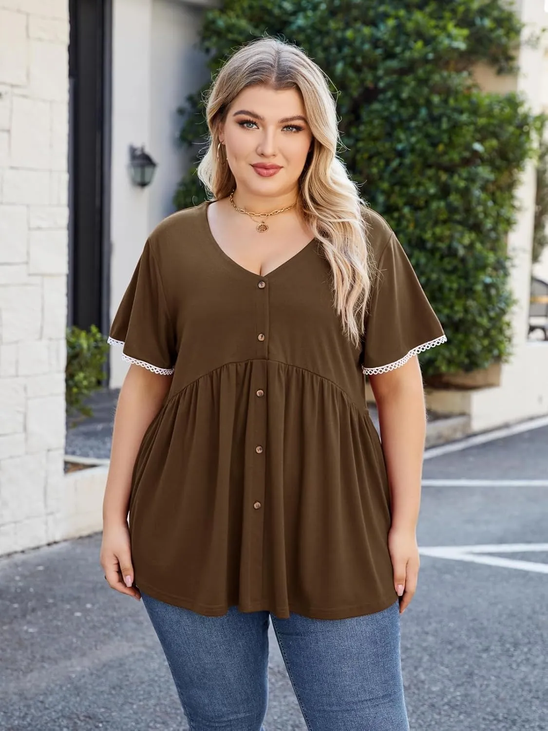 Beauhuty Women's Plus Size Shirts V Neck Button Front Tops Lace Ruffle Short Sleeve Blouse Casual Flowy Pleated Tunic Summer