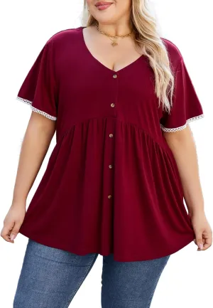 Beauhuty Women's Plus Size Shirts V Neck Button Front Tops Lace Ruffle Short Sleeve Blouse Casual Flowy Pleated Tunic Summer