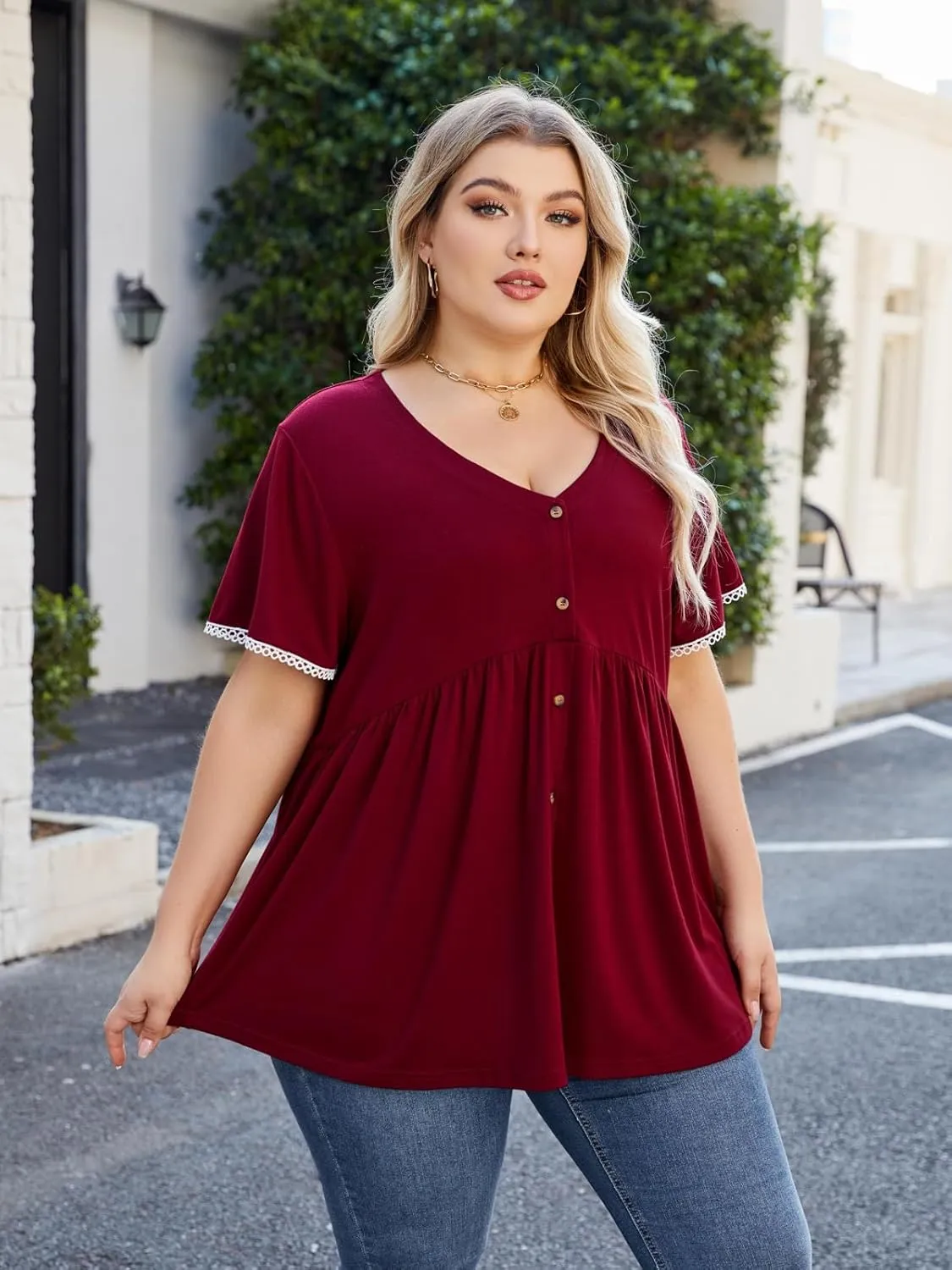 Beauhuty Women's Plus Size Shirts V Neck Button Front Tops Lace Ruffle Short Sleeve Blouse Casual Flowy Pleated Tunic Summer