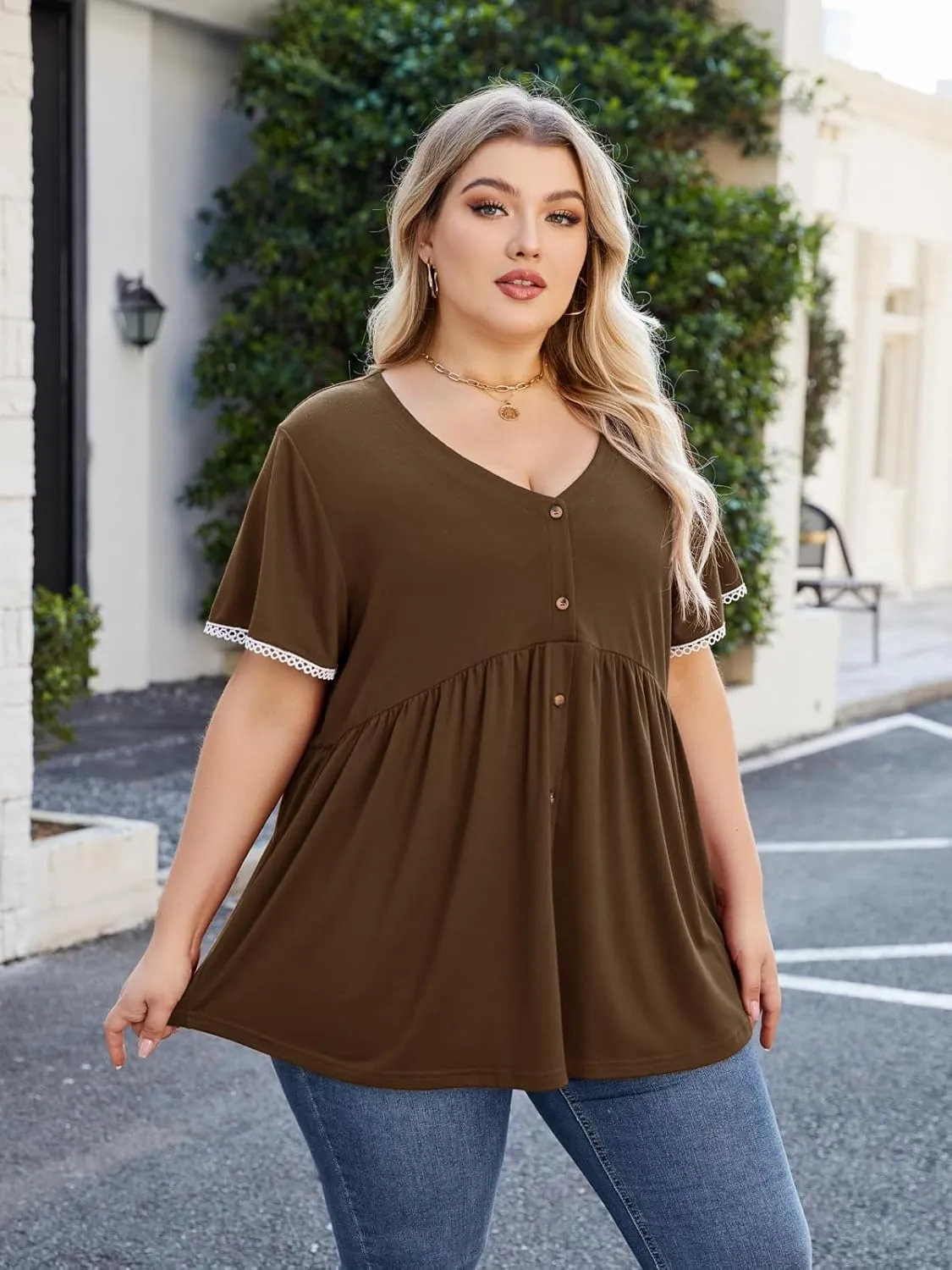 Beauhuty Women's Plus Size Shirts V Neck Button Front Tops Lace Ruffle Short Sleeve Blouse Casual Flowy Pleated Tunic Summer