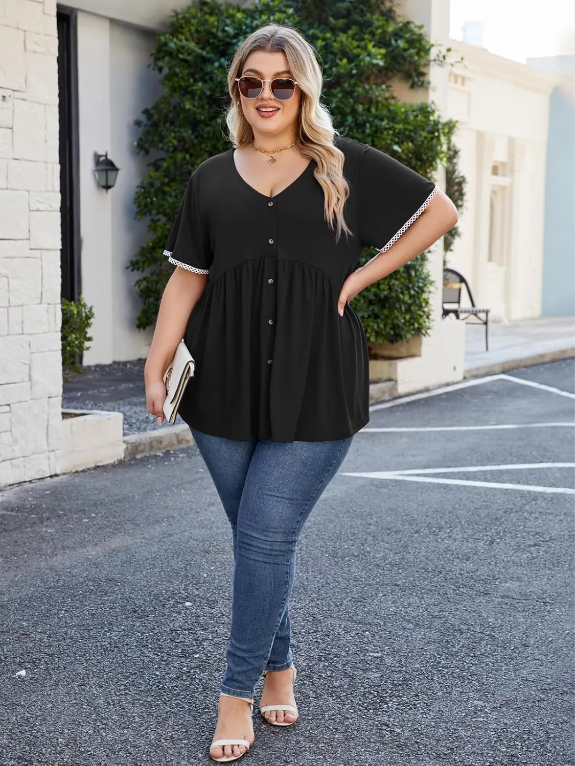 Beauhuty Women's Plus Size Shirts V Neck Button Front Tops Lace Ruffle Short Sleeve Blouse Casual Flowy Pleated Tunic Summer