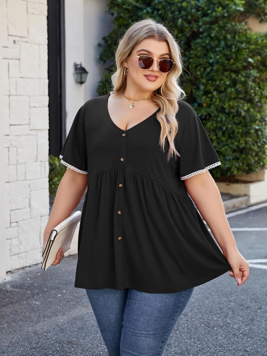 Beauhuty Women's Plus Size Shirts V Neck Button Front Tops Lace Ruffle Short Sleeve Blouse Casual Flowy Pleated Tunic Summer