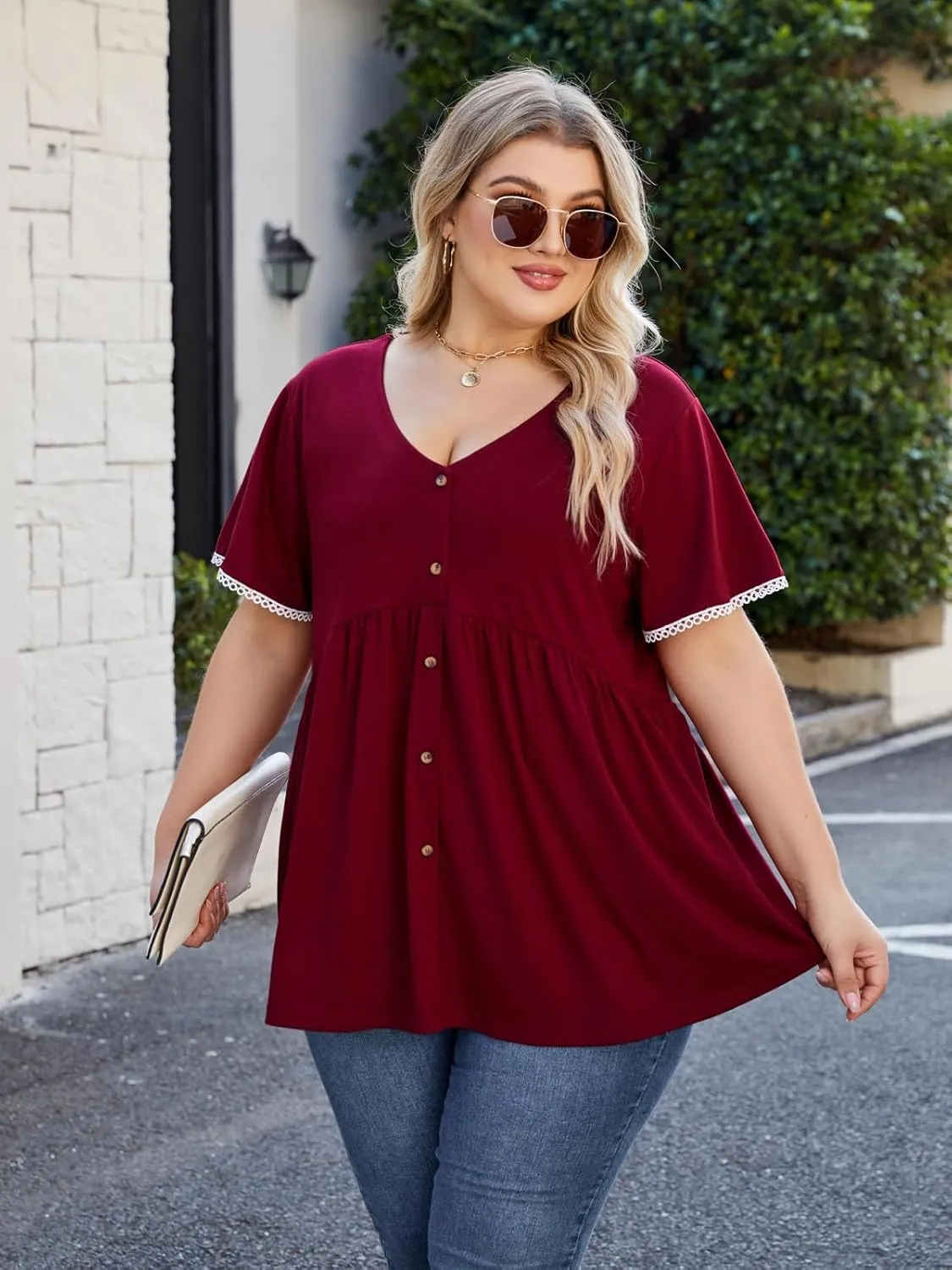 Beauhuty Women's Plus Size Shirts V Neck Button Front Tops Lace Ruffle Short Sleeve Blouse Casual Flowy Pleated Tunic Summer