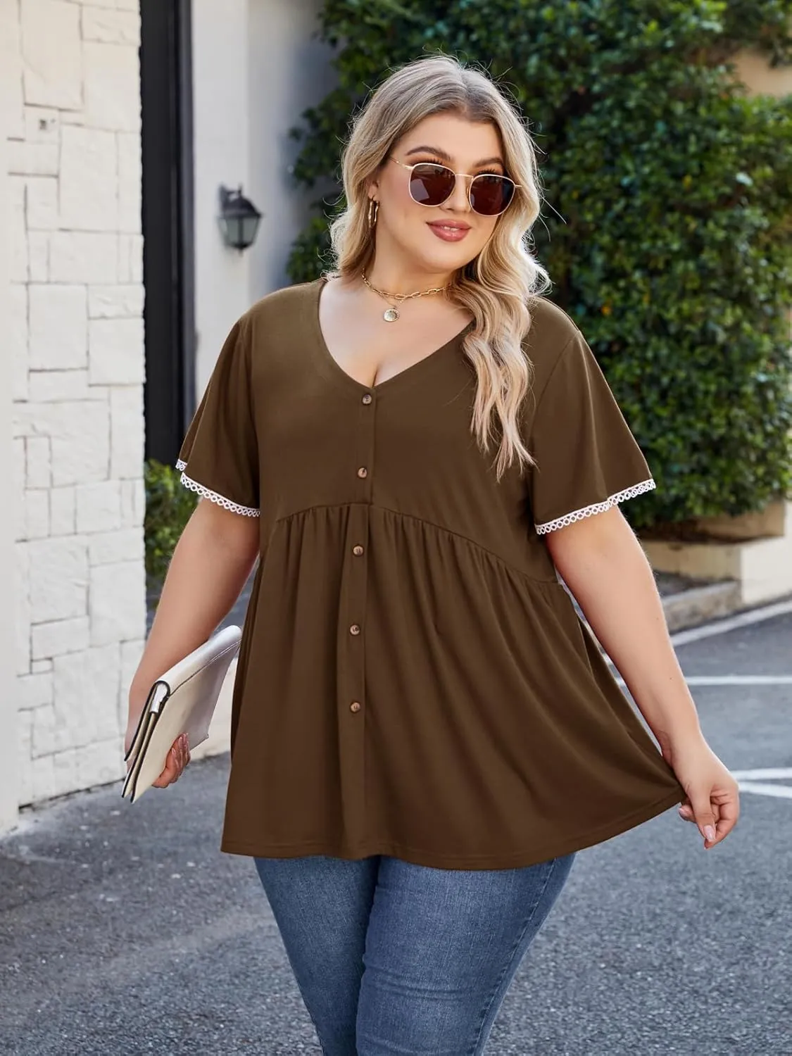 Beauhuty Women's Plus Size Shirts V Neck Button Front Tops Lace Ruffle Short Sleeve Blouse Casual Flowy Pleated Tunic Summer