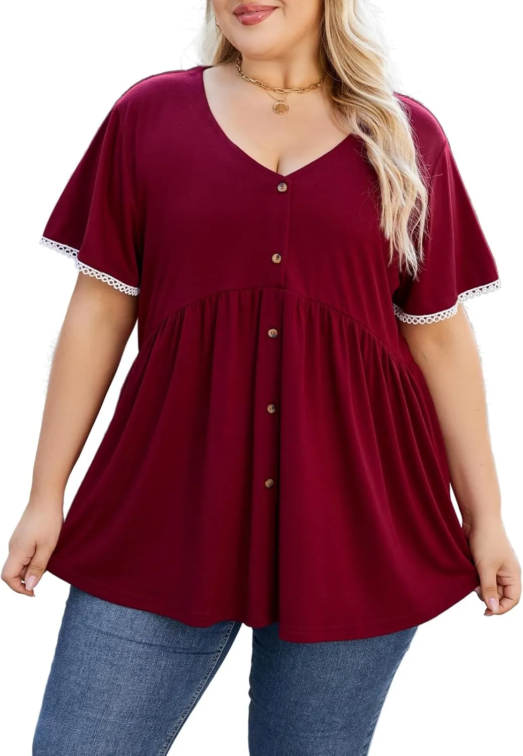 Beauhuty Women's Plus Size Shirts V Neck Button Front Tops Lace Ruffle Short Sleeve Blouse Casual Flowy Pleated Tunic Summer