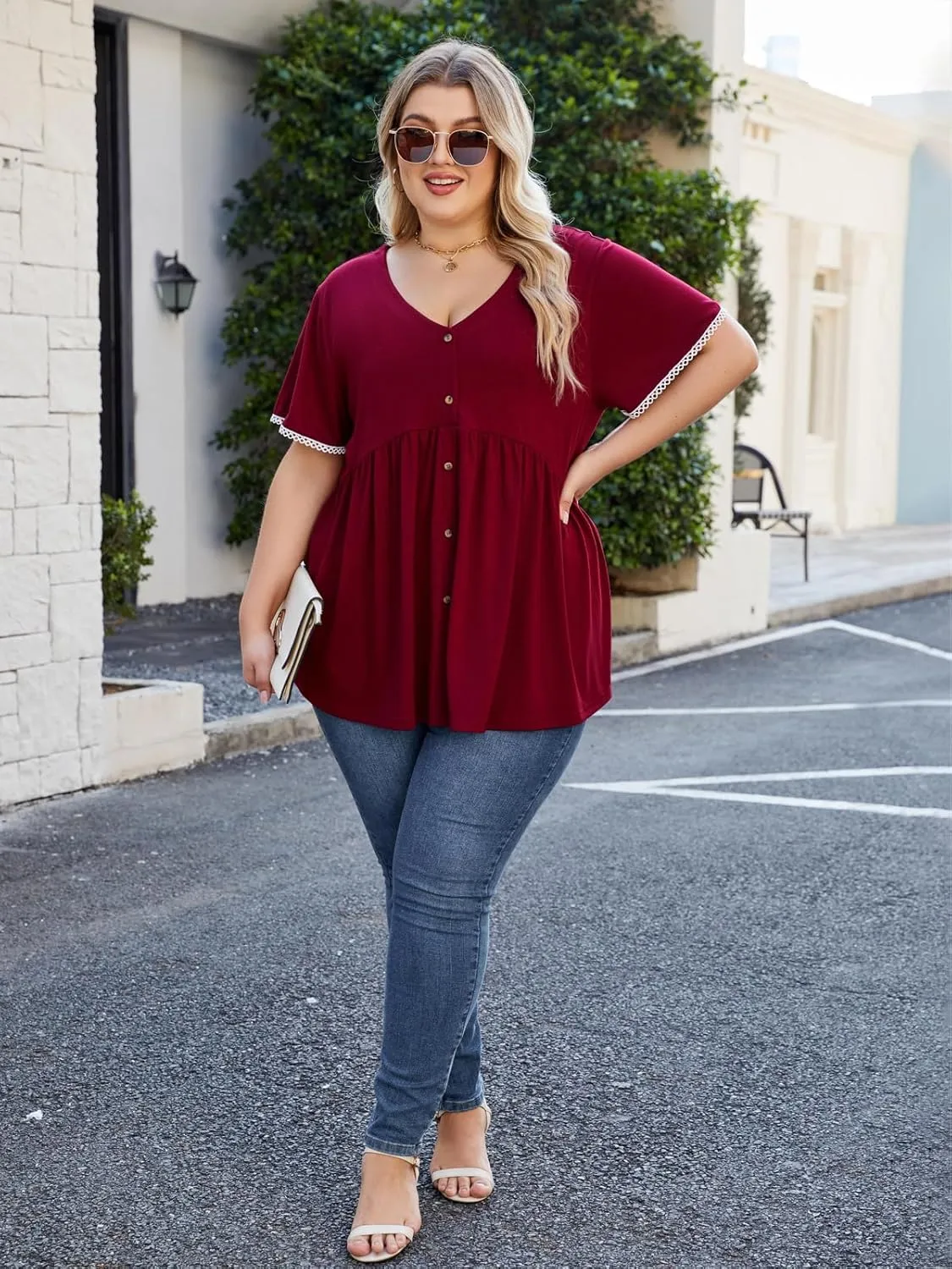 Beauhuty Women's Plus Size Shirts V Neck Button Front Tops Lace Ruffle Short Sleeve Blouse Casual Flowy Pleated Tunic Summer