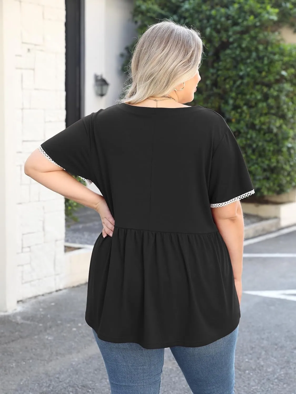 Beauhuty Women's Plus Size Shirts V Neck Button Front Tops Lace Ruffle Short Sleeve Blouse Casual Flowy Pleated Tunic Summer