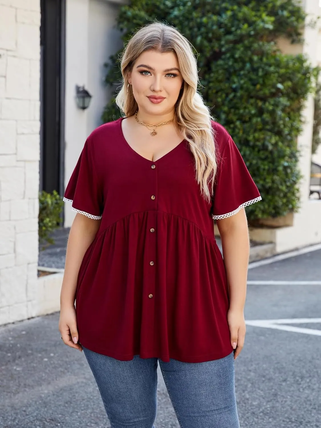 Beauhuty Women's Plus Size Shirts V Neck Button Front Tops Lace Ruffle Short Sleeve Blouse Casual Flowy Pleated Tunic Summer