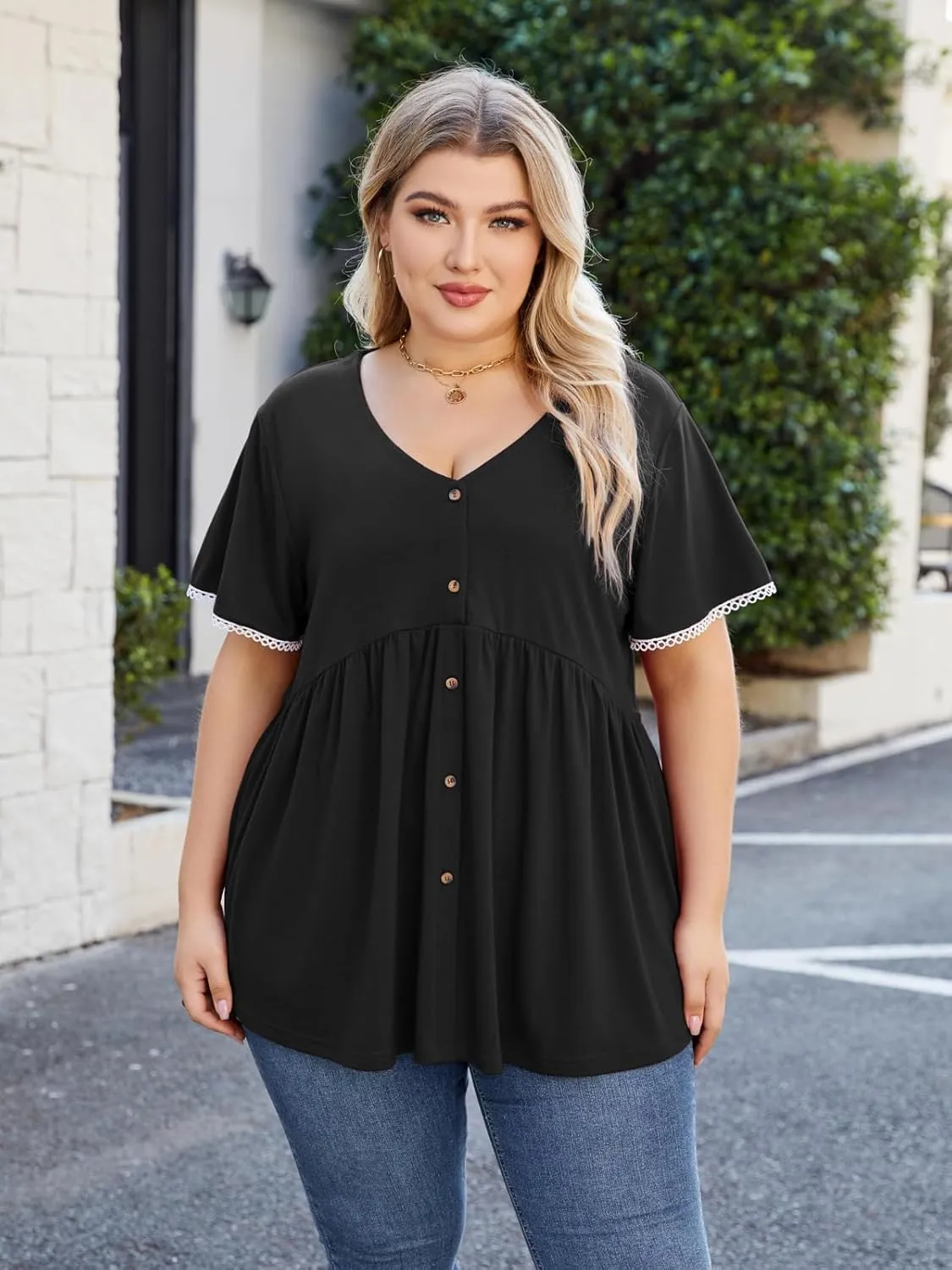 Beauhuty Women's Plus Size Shirts V Neck Button Front Tops Lace Ruffle Short Sleeve Blouse Casual Flowy Pleated Tunic Summer