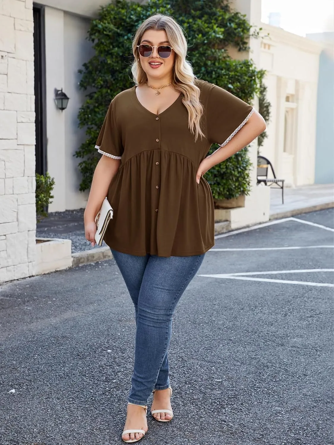 Beauhuty Women's Plus Size Shirts V Neck Button Front Tops Lace Ruffle Short Sleeve Blouse Casual Flowy Pleated Tunic Summer