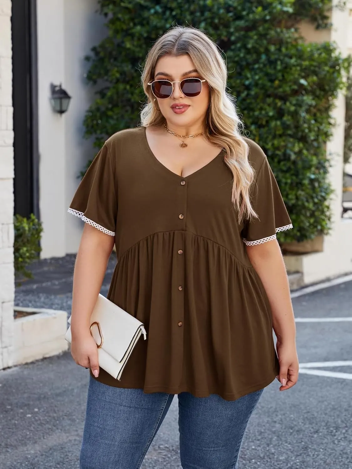Beauhuty Women's Plus Size Shirts V Neck Button Front Tops Lace Ruffle Short Sleeve Blouse Casual Flowy Pleated Tunic Summer