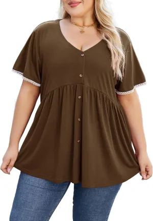 Beauhuty Women's Plus Size Shirts V Neck Button Front Tops Lace Ruffle Short Sleeve Blouse Casual Flowy Pleated Tunic Summer