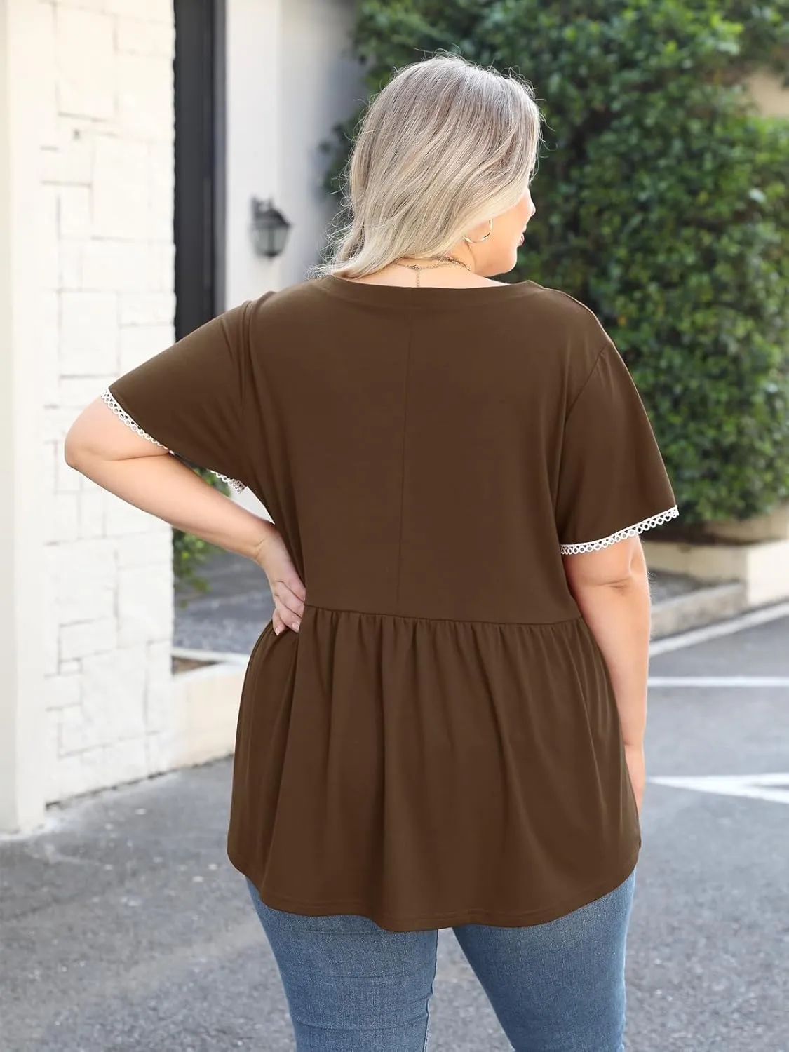 Beauhuty Women's Plus Size Shirts V Neck Button Front Tops Lace Ruffle Short Sleeve Blouse Casual Flowy Pleated Tunic Summer