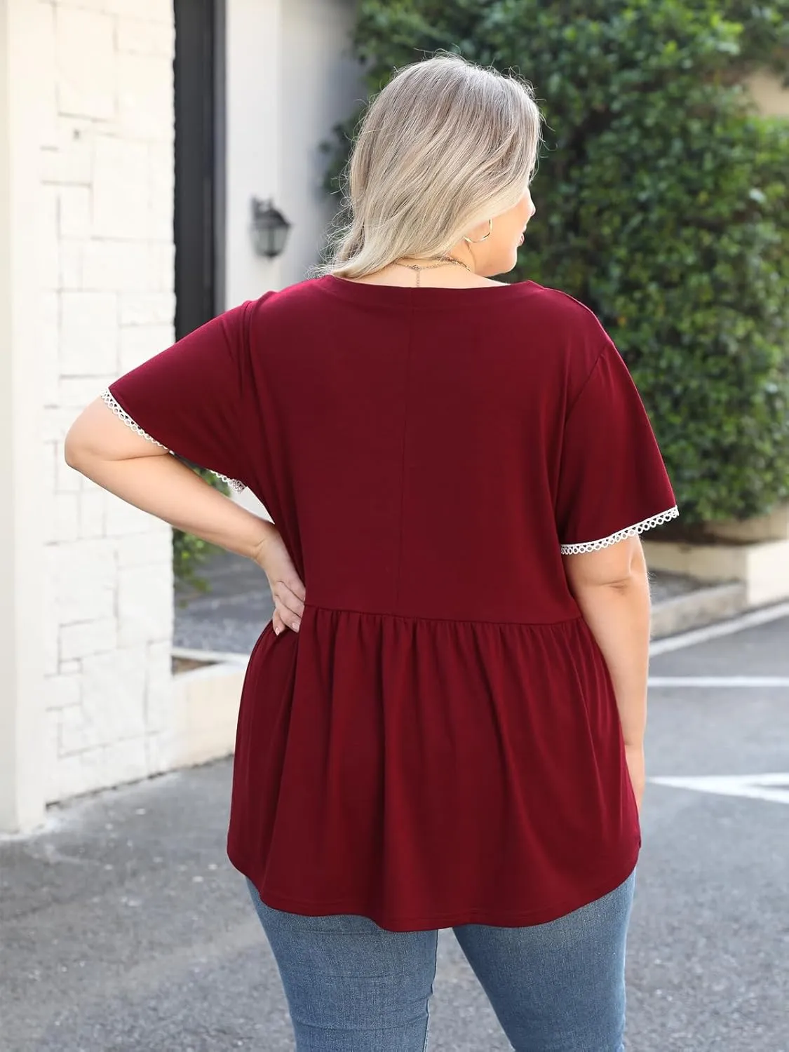Beauhuty Women's Plus Size Shirts V Neck Button Front Tops Lace Ruffle Short Sleeve Blouse Casual Flowy Pleated Tunic Summer