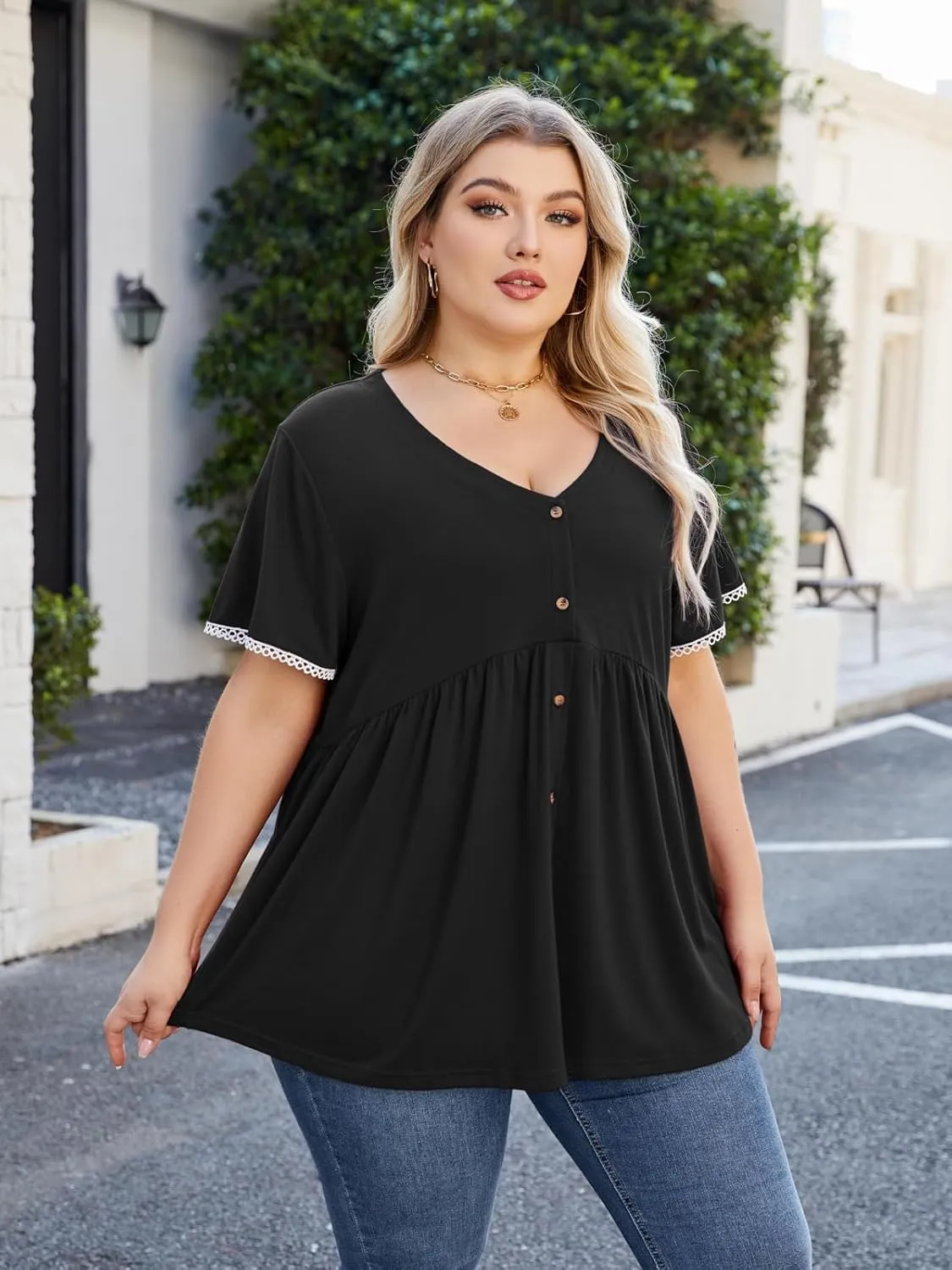 Beauhuty Women's Plus Size Shirts V Neck Button Front Tops Lace Ruffle Short Sleeve Blouse Casual Flowy Pleated Tunic Summer