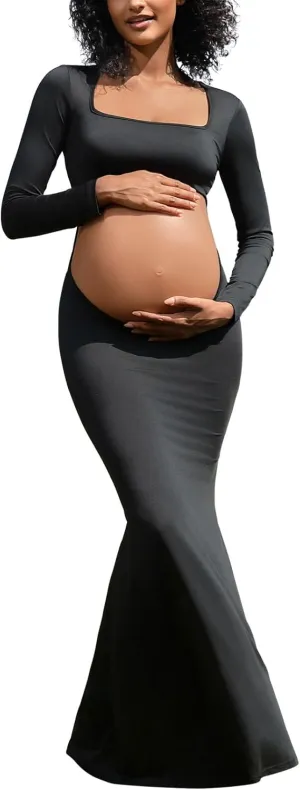 Bhome Maternity Photoshoot Dress Long Sleeve Sexy Cut-Out Backless Maternity Maxi Gown Photography Outfits