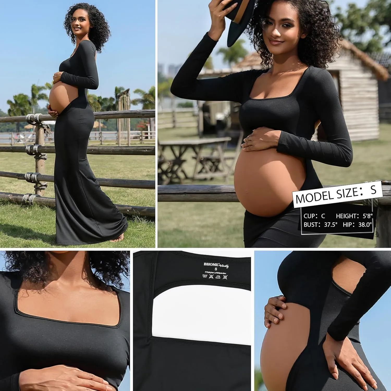 Bhome Maternity Photoshoot Dress Long Sleeve Sexy Cut-Out Backless Maternity Maxi Gown Photography Outfits