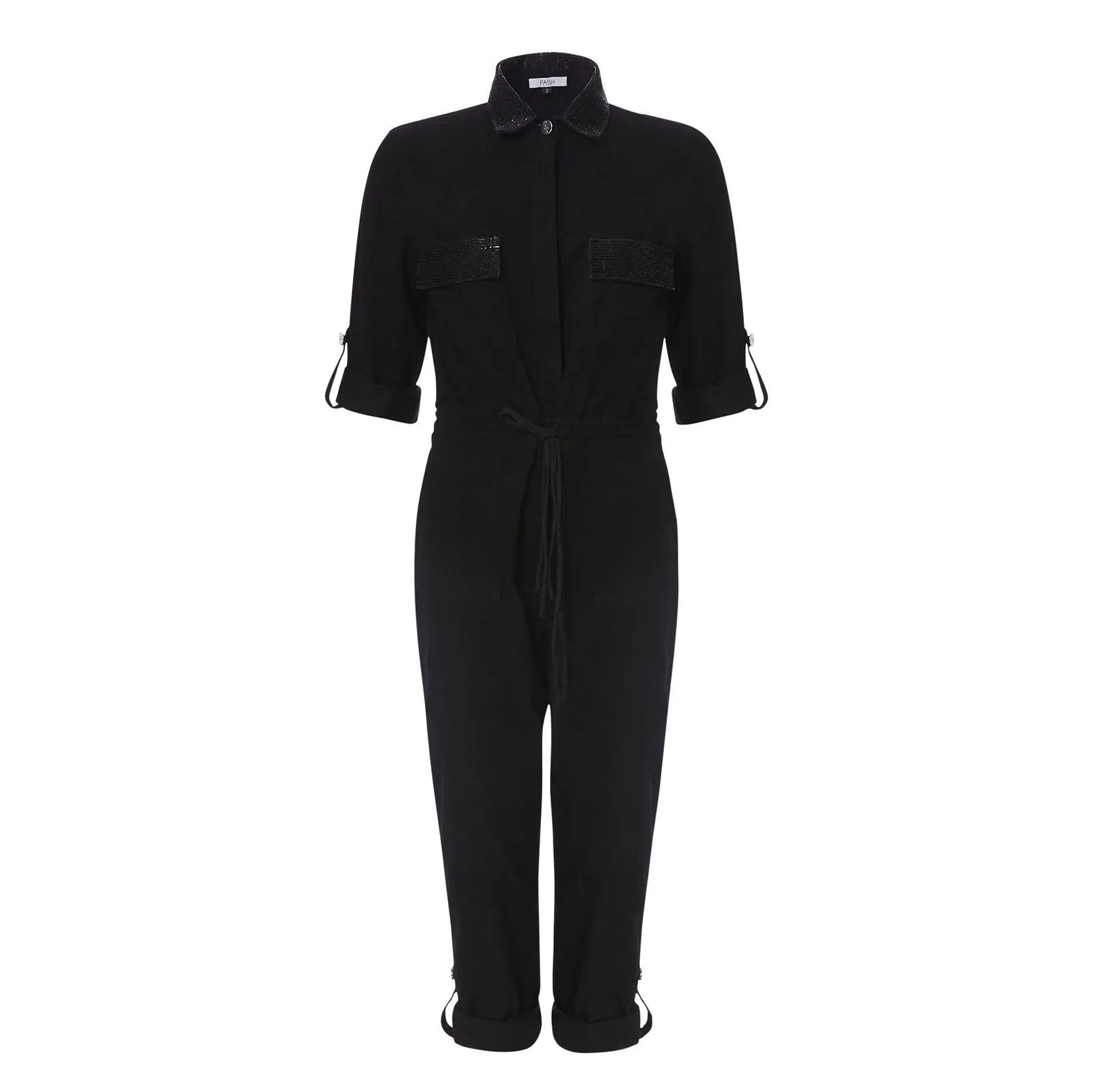 BLACK DENIM JUMPSUIT WITH BLACK BEADING