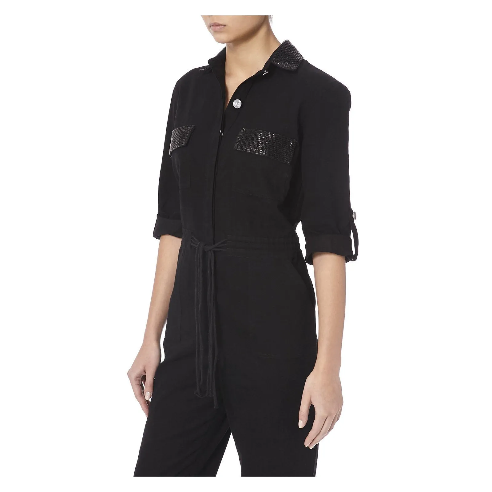 BLACK DENIM JUMPSUIT WITH BLACK BEADING