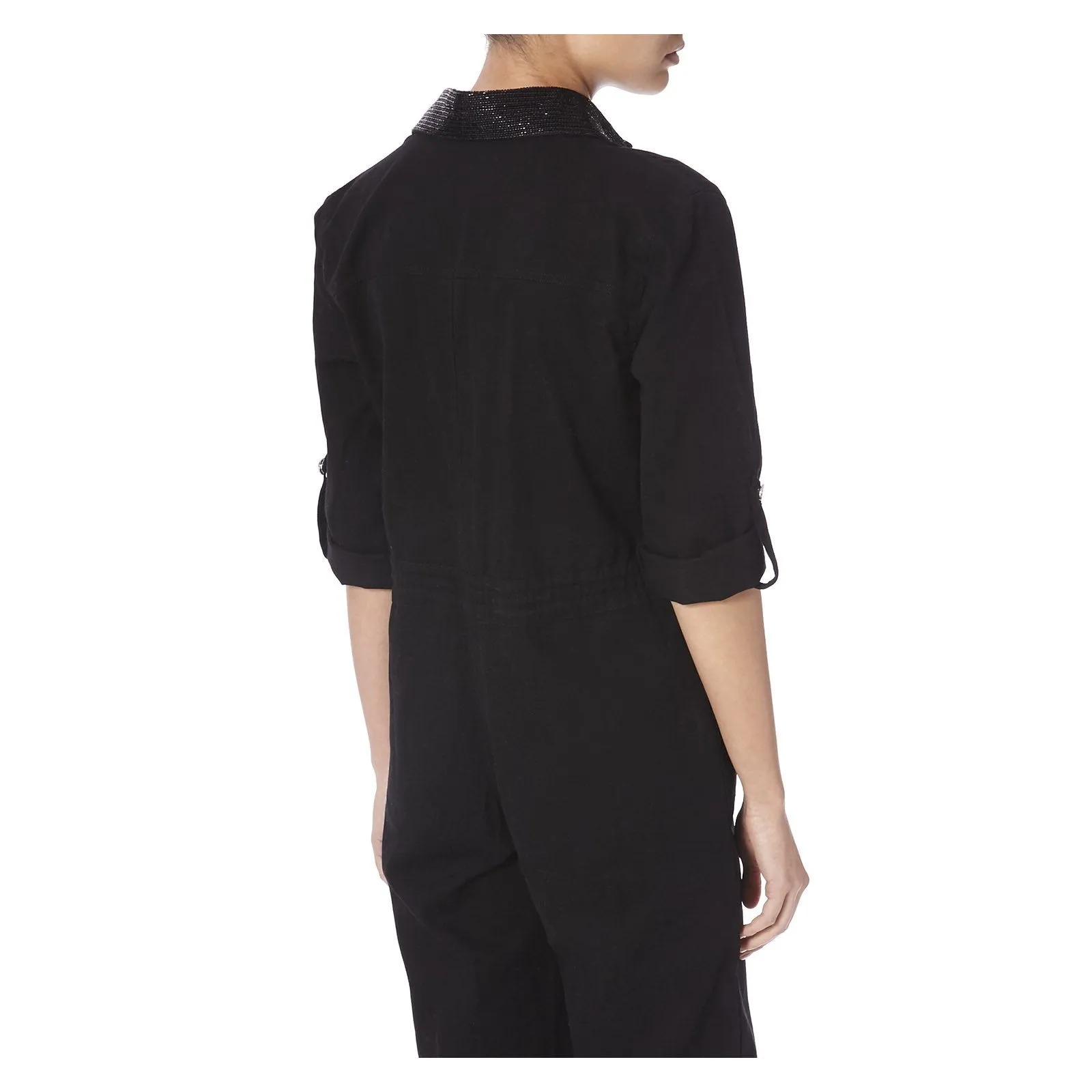 BLACK DENIM JUMPSUIT WITH BLACK BEADING