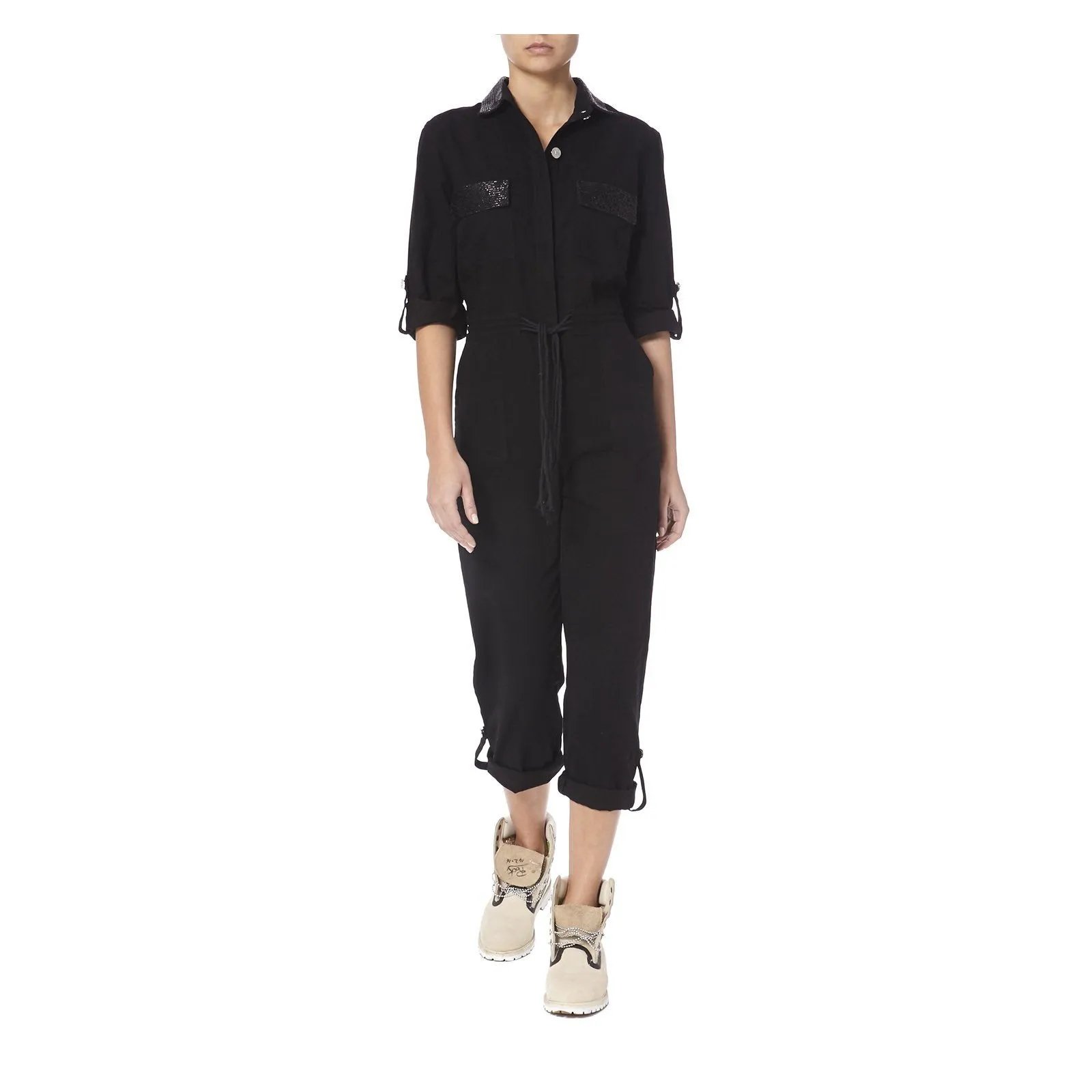 BLACK DENIM JUMPSUIT WITH BLACK BEADING