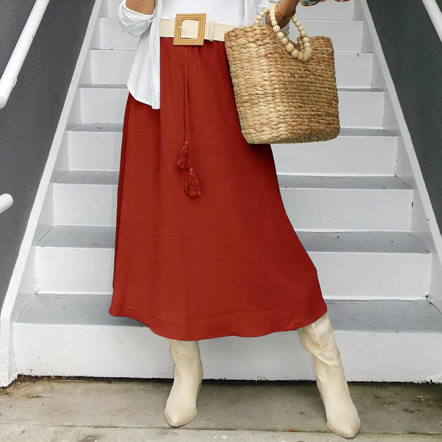 Boho Maxi Skirts for Women Summer Flowy Drawstring High Waist Skirt Casual Lightweight Ruffle Hem A Line Long Skirts
